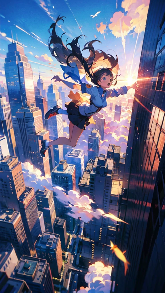 a girl flying through the air over a city with tall buildings and a sky background with clouds, (wind effect:1.2), wide shot