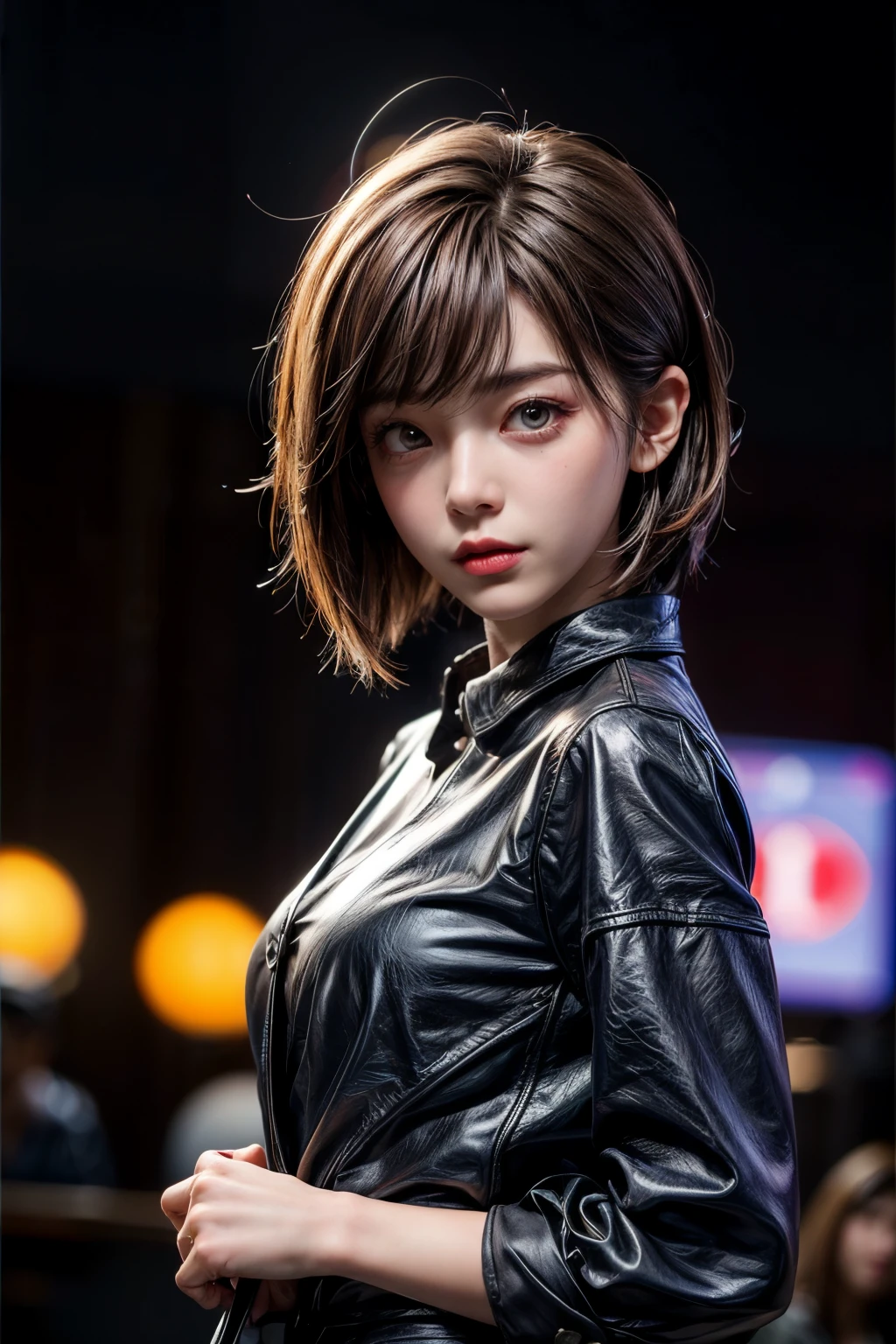 (front view:1.4), 1man and 2 girls they are loughting, korean style, brown(spike hair), blurry_background, red neon light, at the office