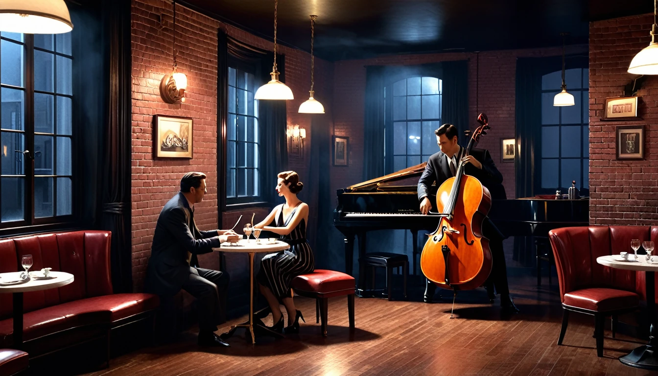 Interior of a very smoky vintage Parisian jazz club at night, The soft light of the pendant light、A young and attractive man and woman couple playing cello and piano is fantastic。, Brick wall decorated with rhythmic shadow playing, A tranquil and enchanting atmosphere, 3D Rendering, To create a realistic yet fantastical scene、Diner scene with detailed textures and lighting, film noir jazz bar, drawn in a neo - noir style, neo - noir style, Neo-Noir Setting, neo noir style, inspired by f.. scott hess, Thomas Dalziel, film noir realistic, inspired by f. scott hess CFGスケール