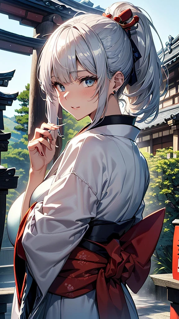 (((masterpiece))), (((highest quality))), ((Super detailed)), ((Ultra-fine illustrations)), ((Ultra-fine painting)), (16K Highest quality wallpaper:1.4), (Upper Body:1.6), High resolution, (Highly detailed and subtle illustration style:1.8), Detailed skin texture, Detailed cloth texture, Very detailed explanation, (Tmasterpiece), (Highly detailed face:1.2), (Highly detailed silver fox ears:1.2), (A very well crafted shiny ponytail:1.2), (Very detailed beautiful eyes:1.2), (A very elaborate silver nine-tailed fox:1.2), original, RAW Photos, Professional, Intricate details, Super Detail, Direct sunlight:1.6, (Perfect Anatomy:1.4), (Extremely elaborate hands:1.2), (Highly detailed fingers:1.2), (Very dexterous fingers:1.2), (27 years old), Genuine, (alone:1.6), ((She is a very beautiful and attractive silver fox fashion model.、A messenger of God、A traditional Japanese sacred shrine maiden。:1.4)) brake (Beautiful and adorable silver fox ears:1.6), (Very detailed and delicate silver fox ears:1.4), (Beautiful and well-shaped big breasts:1.2), (Beautiful and shapely butt), (A beautiful, shiny silver ponytail:1.6), (Very delicate and intricate silver ponytail:1.2), (Clear blue eyes that shine beautifully in every detail:1.6), (Very delicate and detailed blue eyes:1.2), (Highly detailed face:1.4), (smile:1.3), (blush:1.2), (View Viewer:1.4) brake (Japan shrines、Colorful and divine々Beautiful traditional shrine maiden costume:1.4), (Traditional Japanese clothing:1.2) brake (Highly detailed and beautiful Ise Shrine in Mie Prefecture just after noon in spring in the background:1.6), Ise Shrine:1.2, Torii gate of Ise Shrine:1.2,  The grounds of Ise Shrine:1.2, Very beautiful against the clear sky after noon.:1.2 brake 