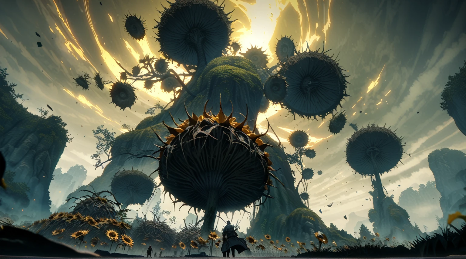  anime scenery, anime aestetics, huge sunflower, rotten sunflower, scadu tree avatar, 5 glowing light orange seeds, spiky stem, old flower, toxic swamp, toxic yellow fog, gigantic tree on the background, thickets over the swamp, dim light, elden ring, boss figt, epic scenery, from below, wide shot, atmospheric perspective, perspective, pov, 8k, highres, best quality, award winning, super detail, masterpiece