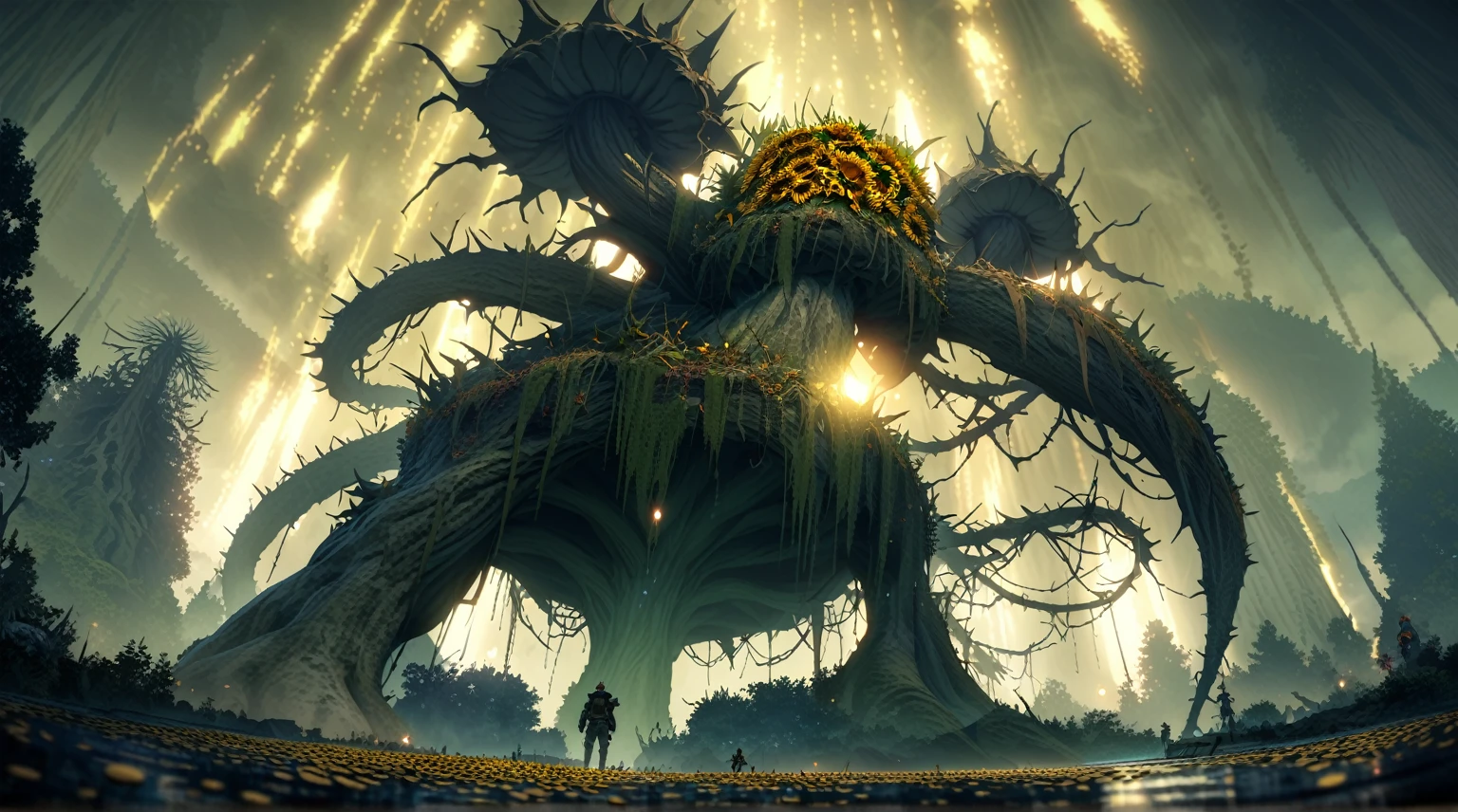  anime scenery, anime aestetics, huge sunflower, rotten sunflower, scadu tree avatar, 5 glowing light orange seeds, spiky stem, old flower, toxic swamp, toxic yellow fog, gigantic tree on the background, thickets over the swamp, dim light, elden ring, boss figt, epic scenery, from below, wide shot, atmospheric perspective, perspective, pov, 8k, highres, best quality, award winning, super detail, masterpiece