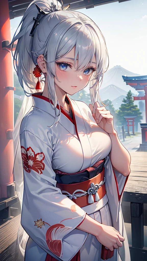 (((Masterpiece))), (((Highest quality))), ((Ultra-detailed)), ((Super fine illustration)), ((Ultra-fine painting)), (16K highest quality wallpaper:1.4), (Upper body:1.6), HDR, (Highly detailed and delicate illustration style:1.8), Detailed skin texture, Detailed cloth texture, Extreme detailed description, (T-masterpiece), (Highly detailed face:1.2), (Highly detailed silver fox ears:1.2), (Highly detailed shiny ponytail:1.2), (Highly detailed beautiful eyes:1.2), (Highly detailed silver nine tails:1.2), Original, RAW photo, Professional, Intricate details, Super details, Direct light:1.6, (Perfect anatomy:1.4), (Highly detailed hands:1.2), (Highly detailed fingers:1.2), (Highly detailed fingertips:1.2), (27-years-old), Real, (Solo:1.6), ((A very beautiful and attractive silver fox fashion model who is a messenger of God and a traditional Japanese sacred shrine maiden:1.4)) BRAKE (Beautiful and adorable silver fox ears:1.6), (Highly detailed and delicate silver fox ears:1.4), (Beautiful and well-shaped big breasts:1.2), (Beautiful and well-shaped buttocks), (Beautiful and shiny silver ponytail:1.6), (Highly detailed and delicate silver ponytail:1.2), (Beautiful clear blue eyes that shine with great detail:1.6), (Highly detailed and delicate blue eyes:1.2), (Highly detailed face:1.4), (Smile:1.3), (Blush:1.2), (Looking at viewer:1.4) BRAKE (Brightly colored and divine traditional shrine maiden costumes at Japanese shrines:1.4), (Japanese divine traditional costume:1.2) BRAKE (Highly detailed and beautiful Ise Grand Shrine in Mie Prefecture just after noon in spring in the background:1.6), Ise Grand Shrine:1.2, Torii gate of Ise Shrine:1.2,  Grounds of Ise Shrine:1.2, Highly beautiful in the sunny sky background just after noon:1.2 BRAKE 