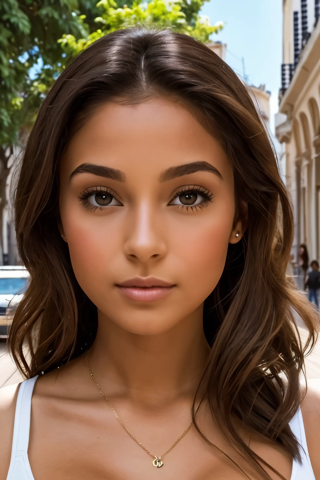la photographie of stunning fille latina short, dans la ville, enjoy, fille, summer, fille, (((petit buste))), brunette hairs, Long_hairs, regarde la caméra, symmetrical face, Photorealistic, la photographie, Spectacular lighting,, magnificent, cleavage, a western film, (head of'artwork), best quality, high resolution, extremely detailed, skin with pores, Blurred background, depth of field, Cinematic lighting