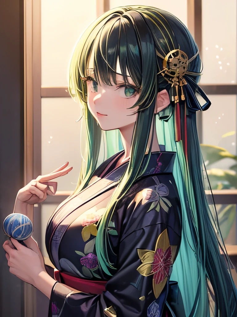 (masterpiece, Highest quality, High definition, High resolution:1.4), 8k wallpaper, whole body, One girl, Long Hair, (Blue Hair:1.0), (Black Hair:1.0), Green Eyes, Multicolored Hair, Gradient Hair, Beautiful breasts, Turn to the side, yukata,yukata, Have a party popper, night, Hair Clip, bangs,