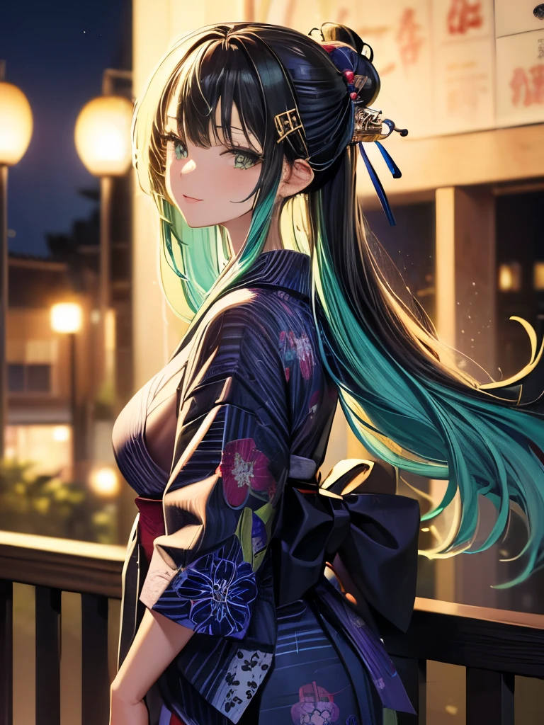 (masterpiece, Highest quality, High definition, High resolution:1.4), 8k wallpaper, whole body, One girl, Long Hair, (Blue Hair:1.0), (Black Hair:1.0), Green Eyes, Multicolored Hair, Gradient Hair, Beautiful breasts, Turn to the side, yukata,yukata, Have a party popper, night, Hair Clip, bangs,