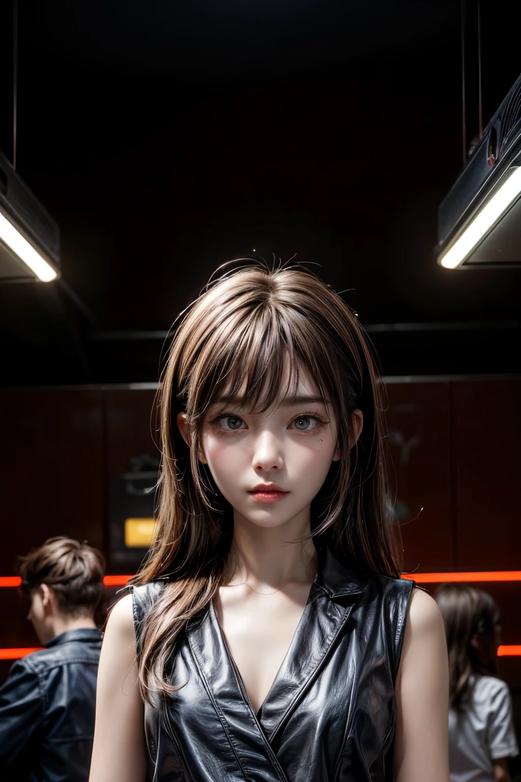 (front view:1.4), 1man and 2 girls they are loughting, korean style, brown(spike hair), blurry_background, red neon light, at the office