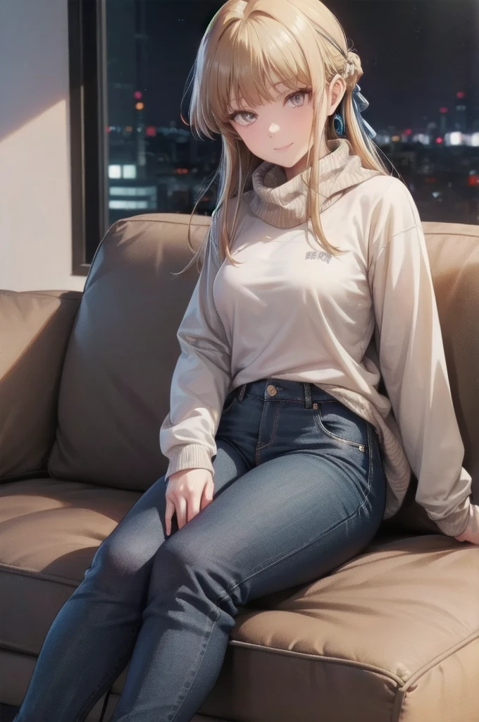 Bell, anime, brown hair, medium breasts, brown eyes, light smile, jeans, scarf, gray sweatshirt, blue pants, sitting, cross-legged, inside a smart home, sitting on the couch, Asada Shino's face, anime Sword Art Online, best quality