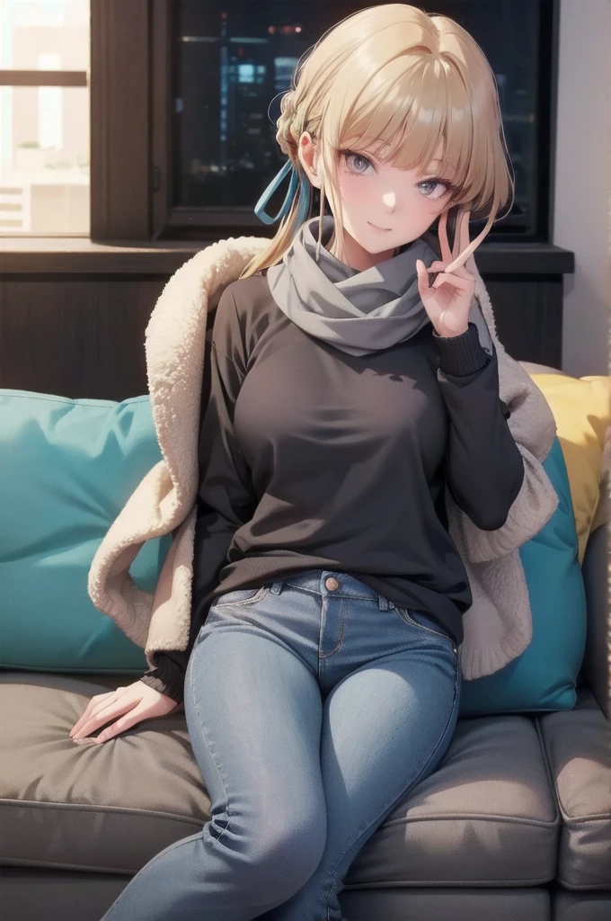 Bell, anime, brown hair, medium breasts, brown eyes, light smile, jeans, scarf, gray sweatshirt, blue pants, sitting, cross-legged, inside a smart home, sitting on the couch, Asada Shino's face, anime Sword Art Online, best quality