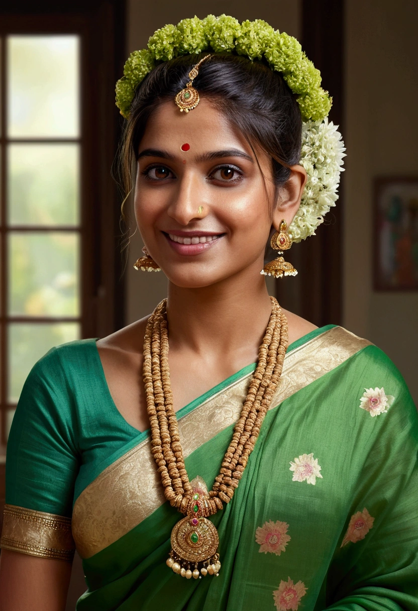 Portrait of A confident-looking indian  woman with bun of long and thick hair tied behind and covered with flowers, hazel eyes, wearing a traditional green saree, wearing lots of jewellery, smile on face, lusty look, standing in bedroom, perfect composition, hyperrealistic, super detailed, 8k, high quality, trending art, trending on artstation, sharp focus, studio photo, intricate details, highly detailed, art by greg rutkowski