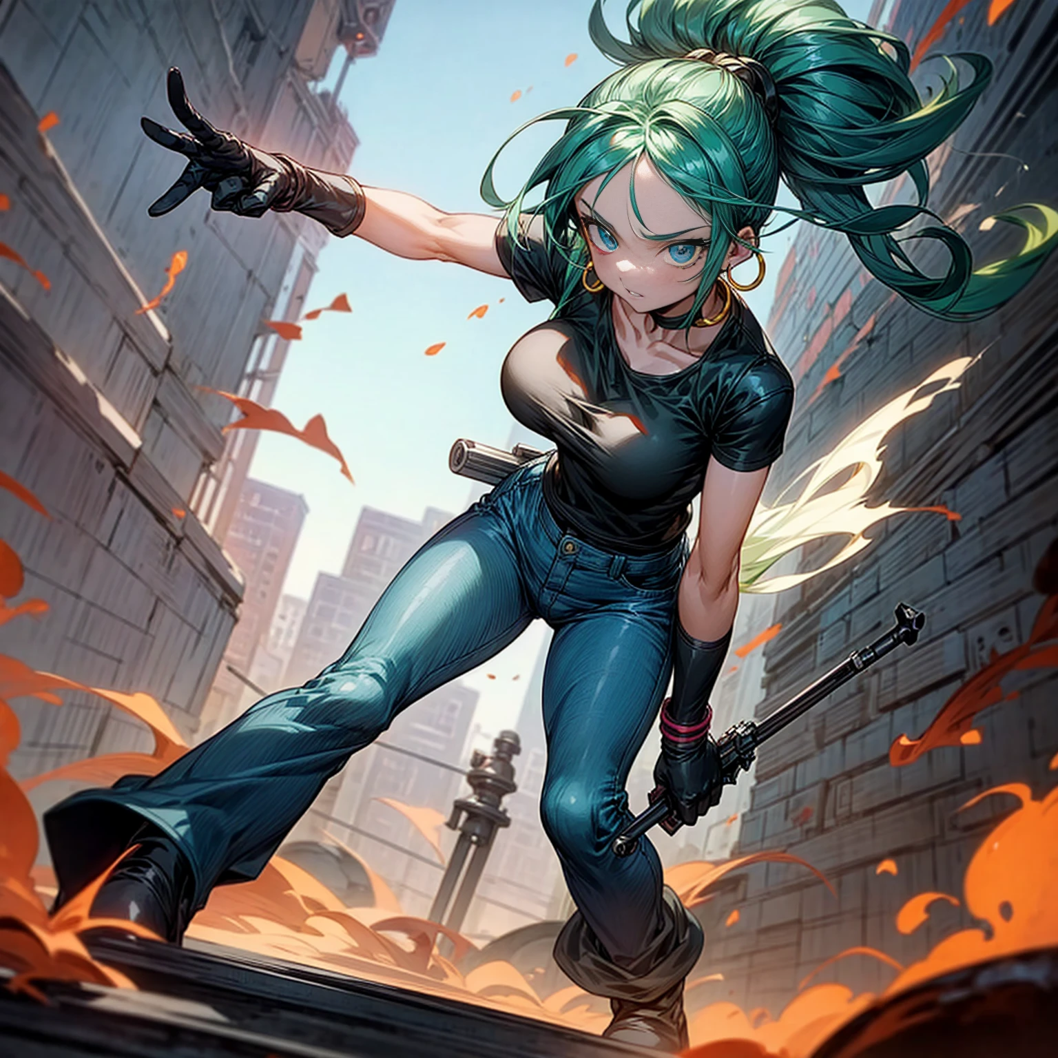 Solo character, young girl, full body version, blue eyes, green hair, long Curly hairstyle, ponytail, black t-shirt, long jeans, white boots, gloves, big breasts, Grassroots, background in street city, evening day, (one piece style art), standing battle gesture, hand gun in hand, smoke effect, fire effect, blood on background, happy eyes, Hoop earrings, behind angle view 