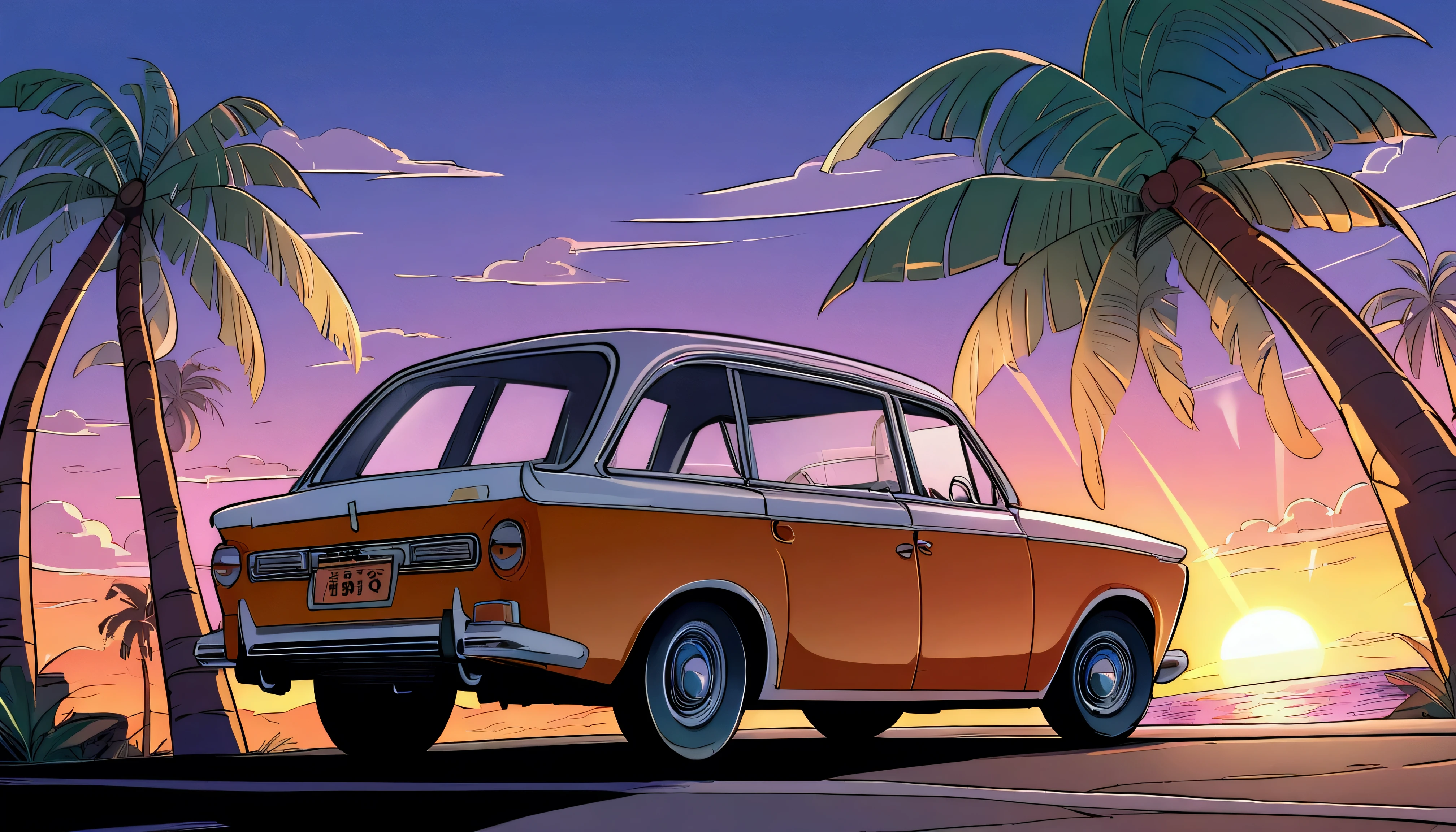 ((ＴShirt Design)), Ford Anglia Super 123E, Sunset background, Palm tree, Layers with 5 colors, Corner Street, Belek&#39;s Drums, Plethean, 