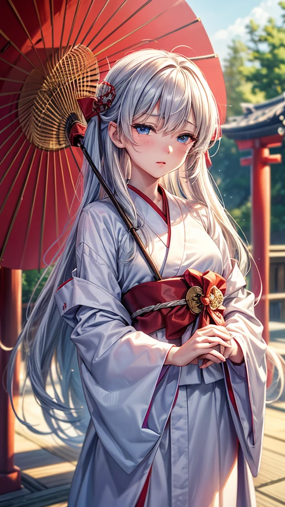 (Ultra-delicate), (Be focused), (high resolution), Deformed depth of field blurred background, (Detailed background), Perfect layer cut, (full-body shot/Cowboy shooting), wallpaper, One, Lovely beauty, alone, (Light blue eyes), thin eyebrows, long upper eyelashes, Double eyelids, Upper Eye, delicate eyes, Sexy lips, lip details, Shimmer, complicated, familiar, (Shrine maiden), Talisman, Stardust, Mirror, Sacred offering, (Stem), comfortable peace, peaceful, Japan, Ise Shrine, Shrine maiden outfit, White robe and scarlet hakama, sakaki, Cane, shrine, Artistic, 8k