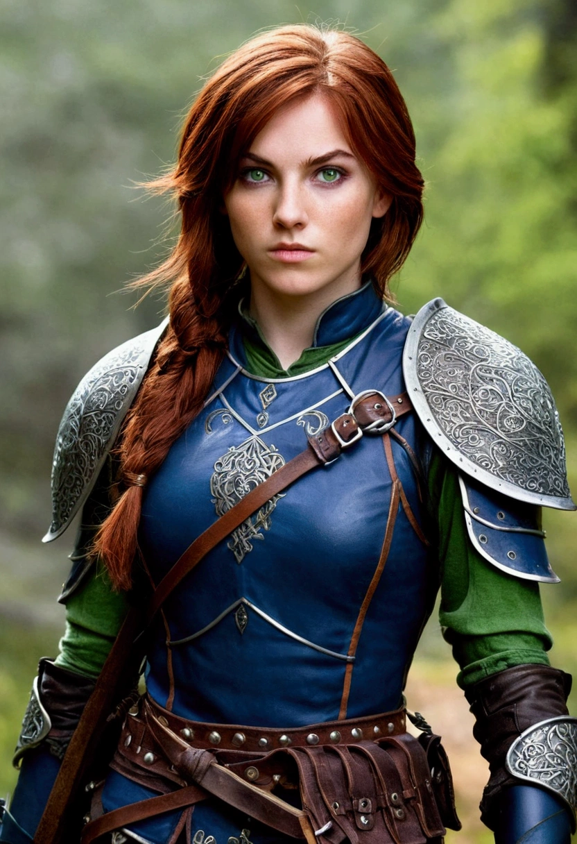 A female rogue from Dungeons and Dragons, 5'3", 135 pounds, green eyes, 19-years-old, auburn hair, Caucasian skin, midnight blue leather armor