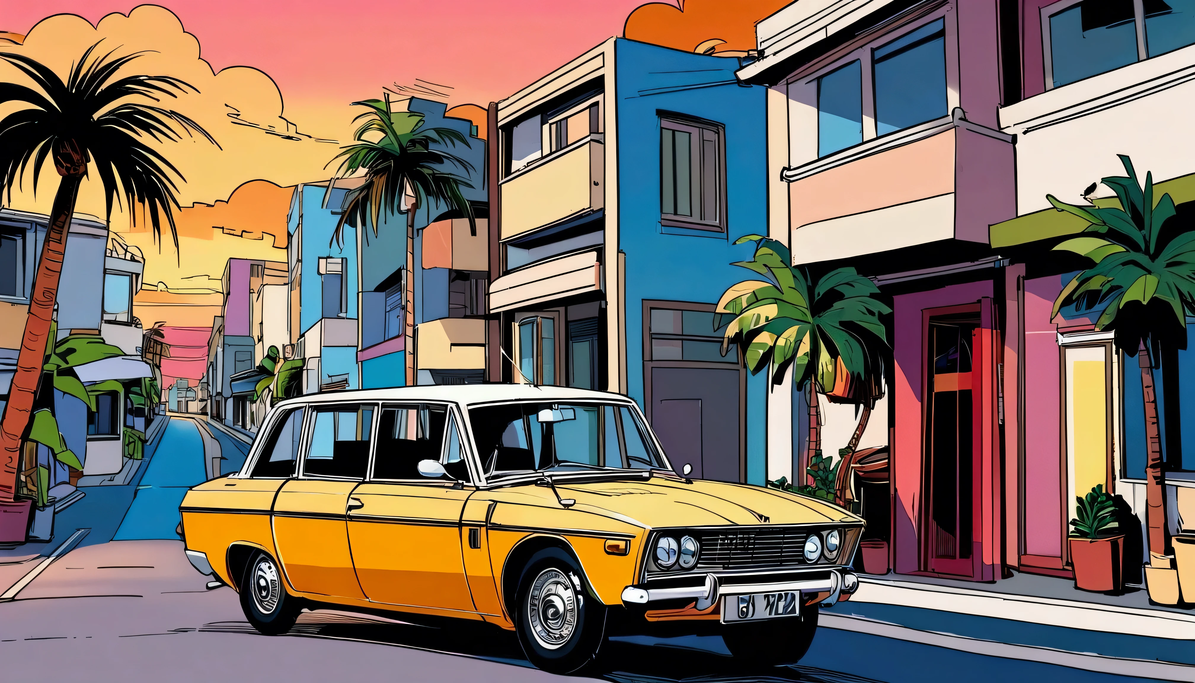 ((ＴShirt Design)), 1972　Rover P6, Sunset background, Palm tree, Layers with 5 colors, Corner Street, Belek&#39;s Drums, Plethean, 