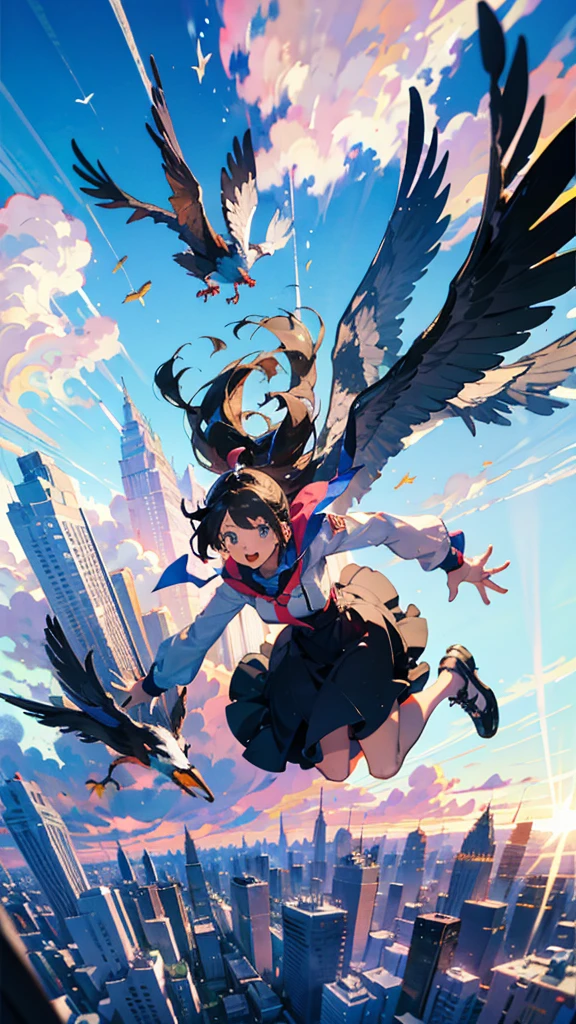 a girl flying through the air over a city with tall buildings and a sky background with clouds, wide shot