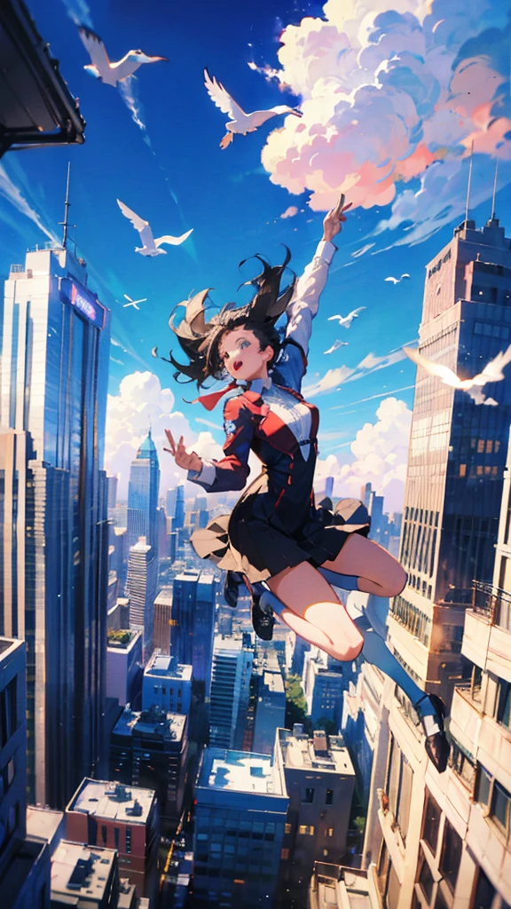 a girl flying through the air over a city with tall buildings and a sky background with clouds, wide shot