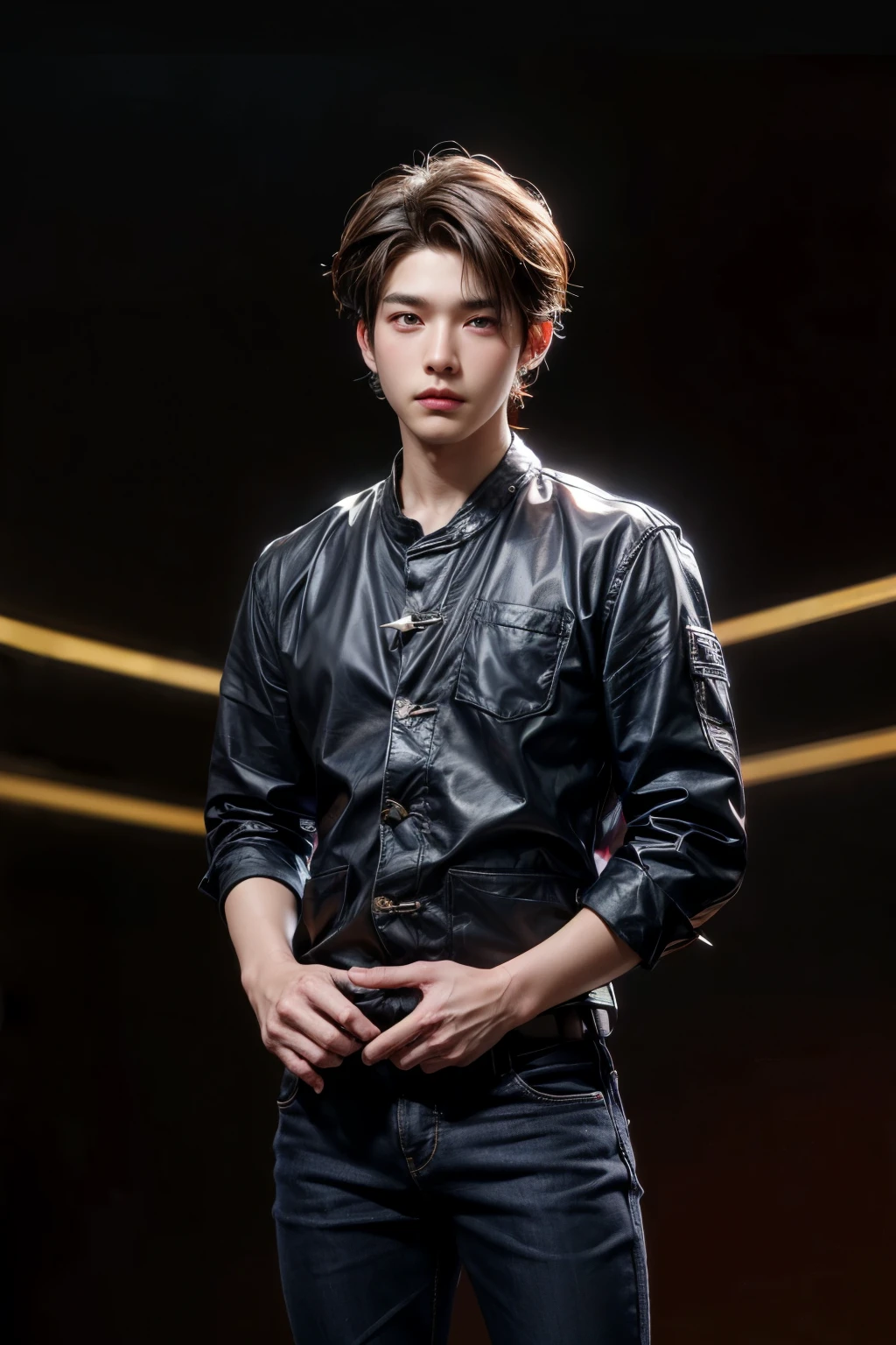 (front view:1.4), 1man, korean style, brown(spike hair), blurry_background, red neon light, at the office
