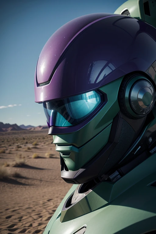I want an image with sea green and purple colors in a drawing of a robot from the future in the desert