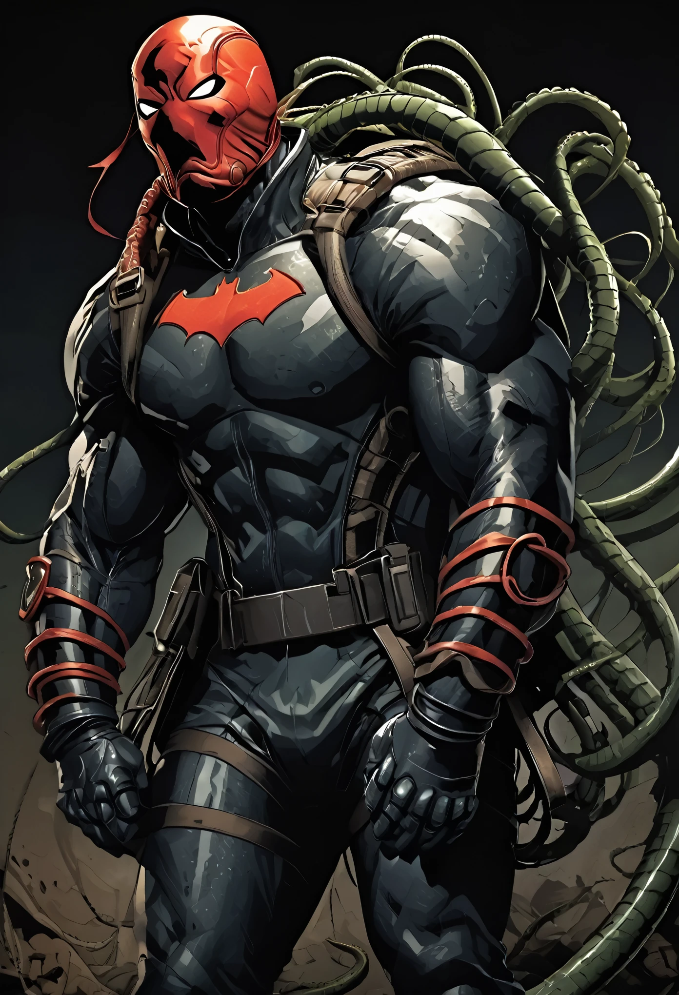 masked, Superhero, hero, strongest human, strong and robust male, savior, bound, subdued, unable to move, immobilized, tentacle, Armor, helmet, Tentacle entanglement, uniform, Wrapped around the body, Binding hands togethe, A gagged mouth, Foreign object invasion