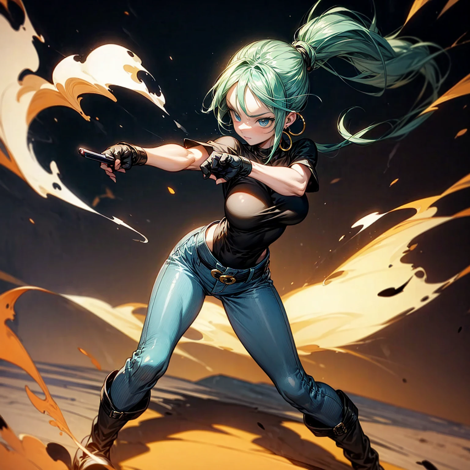 Solo character, young girl, full body version, blue eyes, green hair, long Curly hairstyle, ponytail, black t-shirt, long jeans, white boots, gloves, big breasts, Grassroots, background in street city, evening day, (one piece style art), standing battle gesture, hand gun in hand, smoke effect, fire effect, blood on background, happy eyes, Hoop earrings, behind angle view 