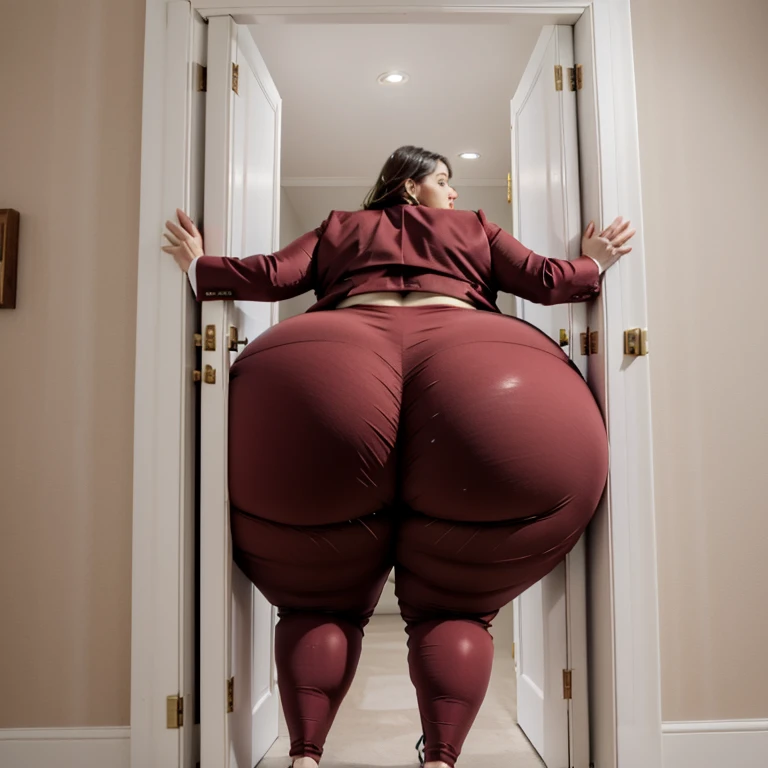 masterpiece, 1girl tall, fat, bottom heavy ssbbw british, 30 year old, behind a doorway, from behind, (doorstuck, stuckback:1.3), big belly, huge wide hips, massive butt,  thick thighs, colorful clothing, wearing a red suit and tie and formal pants, upset, she tries to wiggle her big body through the door, but the door is too small and she is stuck tight, she kicks and swings her legs back and forth in a panic, she is way too big and round to fit through,, she looks behind at the viewer politely asking for some help as she tries to pull herself out with all her might, she swings her hips desperately