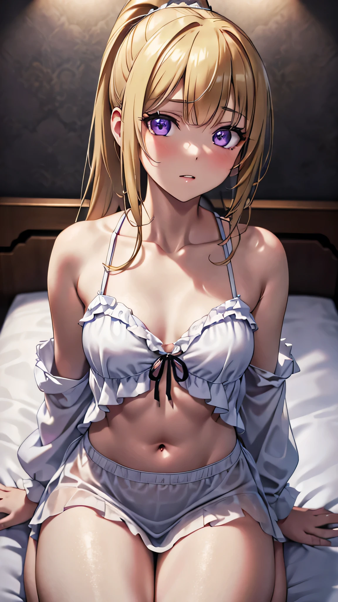 eliayase, eli ayase, yellow hair, blue eyes, ponytail, hair ribbon, masterpiece, best quality, high resolution, unity 8k wallpaper, illustration, beautiful detailed eyes, blush, glossy lips, lips parted, perfect lighting, extremely detailed CG, perfect anatomy, bedroom, (open dressing gown), lace bra