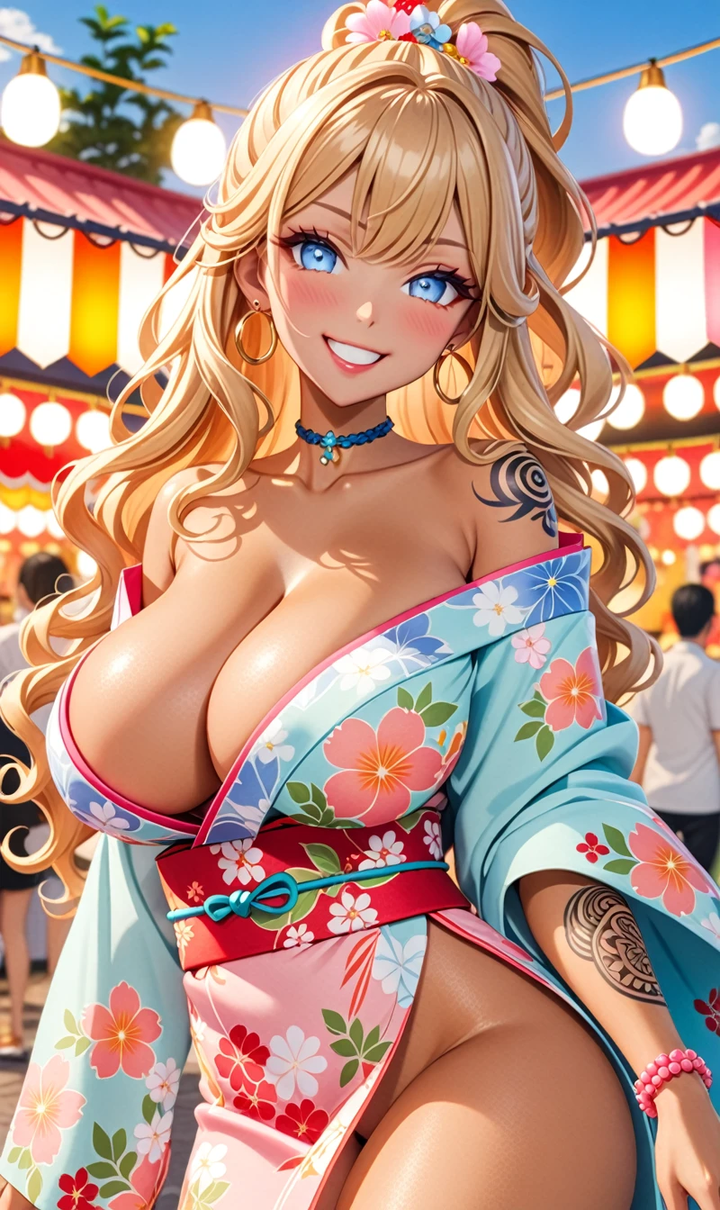 ultra-detailed, ((one girl)), (portrait), (tan skin:1.4), in pastel colors gyaru, (heavy makeup), (professional lighting), hyper detailed, absurdres, 8k, Beautiful Face, (Laugh shyly), ((teasing smile:1.2)), ((happy smile:1.4)),  ((Wink:1.5)), (Laugh with your mouth wide open),((Tilt your face:1.6)), View your viewers, ((Bright red cheeks:1.4)),Glossy shocking pink lips, ((huge breasts:1.6)), undressing, ((She is naked up to her shoulders, highlighting her cleavage.)), ((Her tattoo peeked through her kimono:1.2)), noon, summer, Small park, Festival food stalls, ((Anime style background)),masterpiece, Highest quality, (Brighten your face), so beautiful,Latest, Complex details, ((fluorescent pink long nail:1.2)), (ring),(bracelet), (Floral Choker),AI-generated, Complex,High resolution, Highest quality, super high quality,3D Images、3D Images,One person, ((Blond long hair)), (High Ponytail), (wavy hair:1.4), Anime woman posing for a photo, ((Eyes with detailed pupils、blue eyes、glowing eyes:1.3)), BREAK, (Squint your eyes:1.1),a hyperRealistic , hyperRealistic , Realistic,Anime woman with long honey blonde hair, Smooth anime CG art, A girl in a gorgeous pastel-colored kimono, ((Pastel-colored furisode)),(Pink large floral pattern),  (sideboob), Long flower hair ornament,large gold hoop earrings, Mature Body, tall,Narrow waist,((dutch angle)), ((model posing:1.3)), extreme close-up shot,