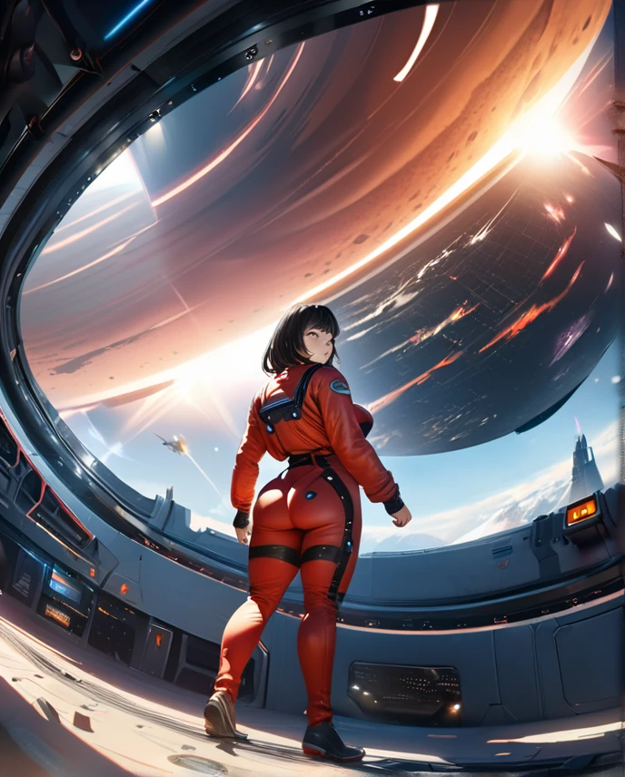 a girl with short black hair,space ship pilot,red spacesuit,sexy,large breasts,boob window,curvy body,hot,space,cinematic lighting,hyper detailed,photorealistic,8k,artstation,concept art,matte painting