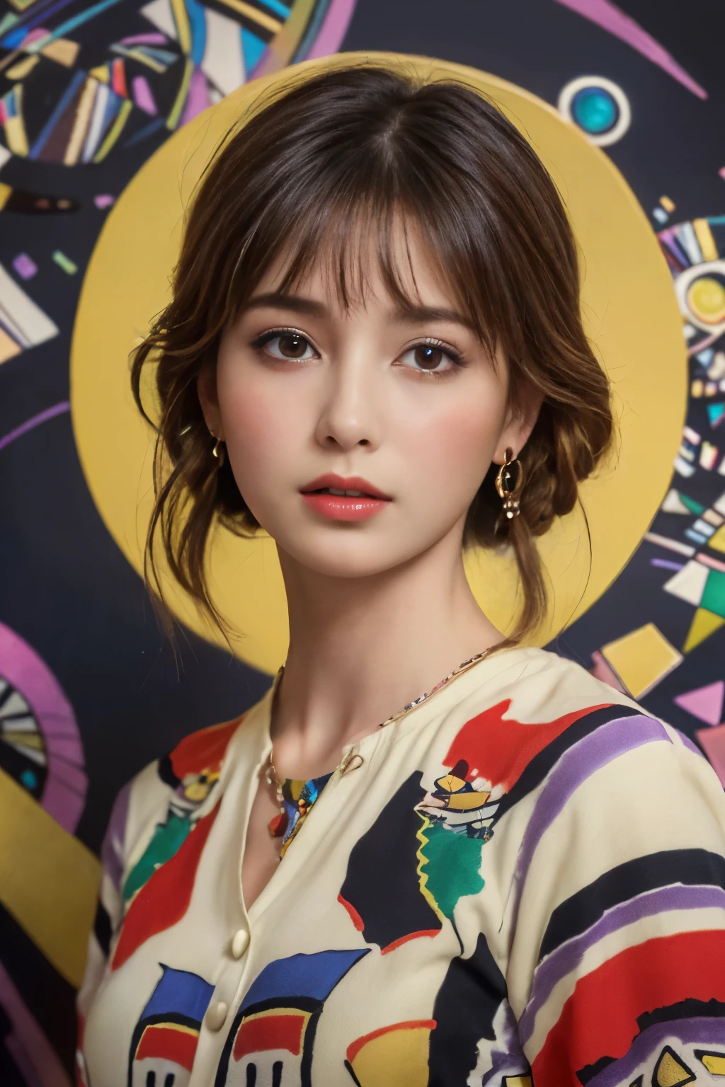 
((masterpiece:1.4, Highest quality)), (Realistic photos:1.4), (artwork),
((1 girl)), (Otherworldly beauty), (dream-like),
(超High resolution:1.2), Very delicate and beautiful, wonderful, Very detailedな CG Unity 8k 壁紙, Very detailed, High resolution, 
Soft Light, Beautiful detailed girl, Very detailedな目と顔, Beautiful and exquisite nose, Beautiful and exquisite, 
(Dressed in early 20th century Western European clothing:1.3),
Cinema Lighting, Perfect Anatomy, Slender body, (Parted bangs),
(Portrait of a Girl:1.5), (Abstract background with Kandinsky-style design:1.5),
Cowboy Shot