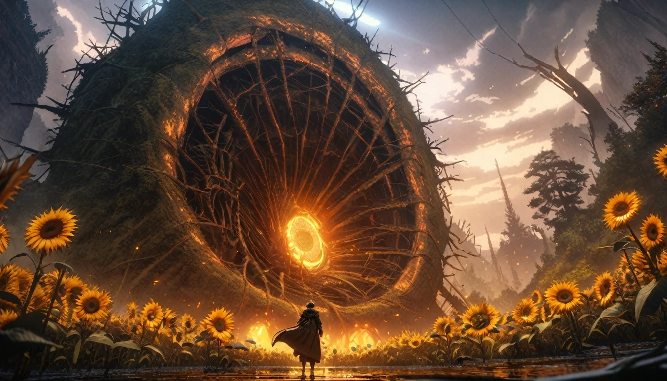 anime scenery, anime aestetics, huge sunflower, rotten sunflower, scadu tree avatar, 5 glowing light orange seeds, spiky stem, old flower, toxic swamp, toxic yellow fog, gigantic tree on the background, thickets over the swamp, dim light, elden ring, boss figt, epic scenery, from below, wide shot, atmospheric perspective, perspective, pov, 8k, highres, best quality, award winning, super detail, masterpiece