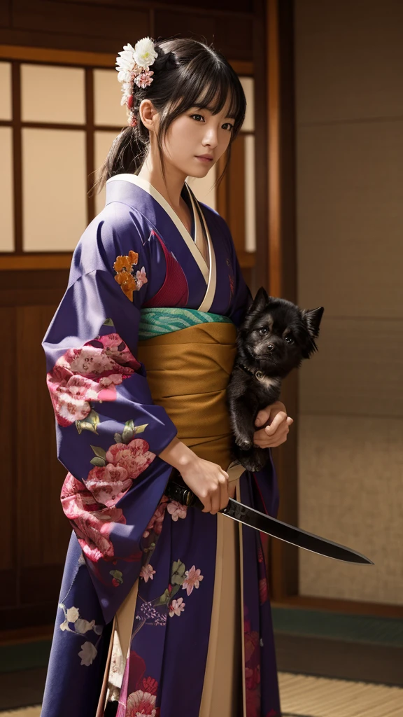 dog、Wearing a kimono、warrior、high resolution、high quality、Holding a sword、It's foggy、more realistic、Photorealistic