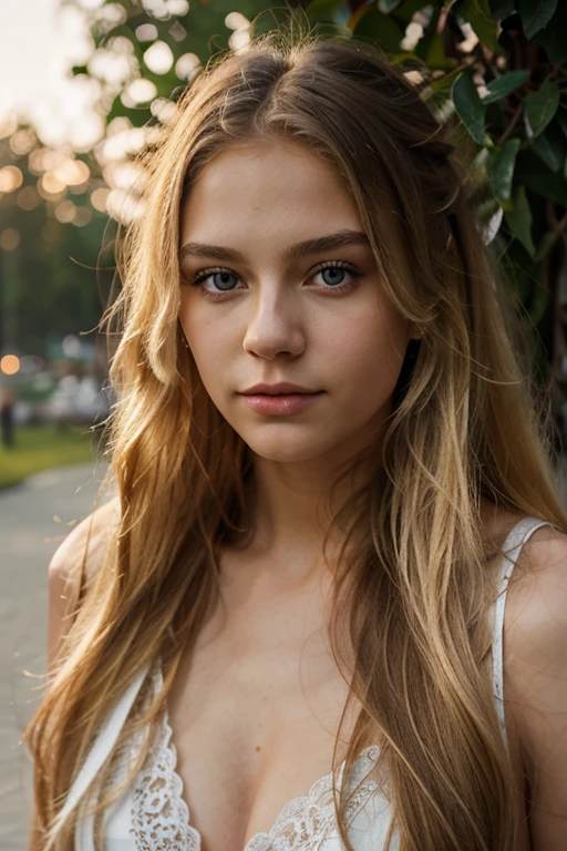 A photorealistic of a 21-year-old russian blond girl with long hair and striking dark eyes. She should have a natural, approachable expression and be illuminated by soft, golden-hour sunlight. The background should be a scenic outdoor setting, perhaps a sunlit park or beach.