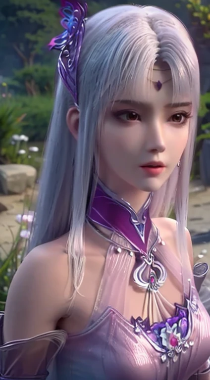beautiful face, naughty face, rosy red lips, younger, super detailed face, super detailed breast, super detailed body, big breasts, hair ornament , jewelry, hold breasts, long legs, legs spread, naked, nsfw, Shirtless,hair fluttering in the wind, long hair, original white hair, standing in the castle yard with bamboo trees in the background, holding his face seductively , clear lightning, bright light, daylight, light from the front, long distance, taken from the front, best pictures, pictures taken from a distance, whole body in one picture, potrait image, whole body, pure white skin, 4k