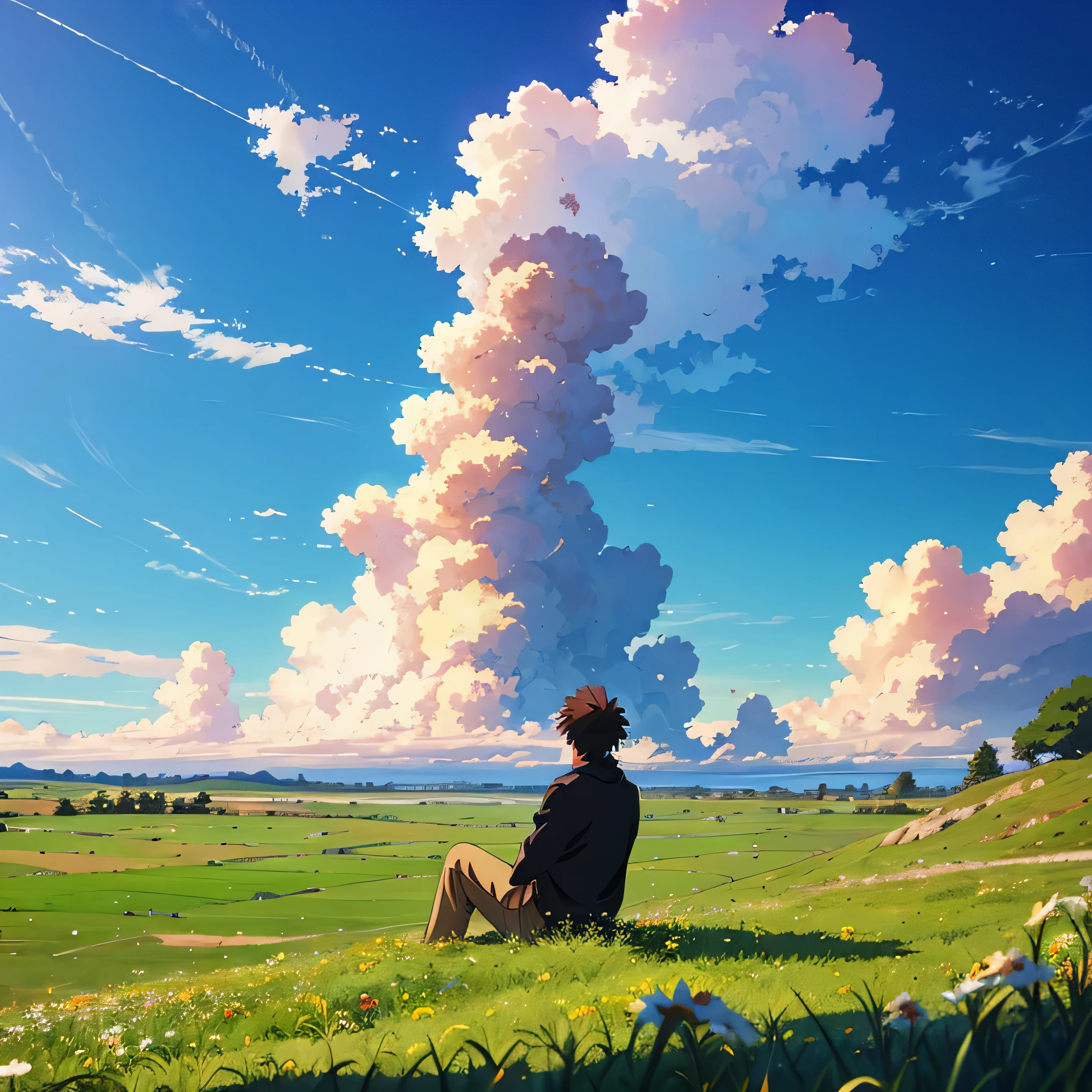 anime, anime landscape,sitting in grass, guy looking at clouds, in a grassland, creative, realist, white clouds, blue sky, landscape amazing, guy looking away from camera, wide photo