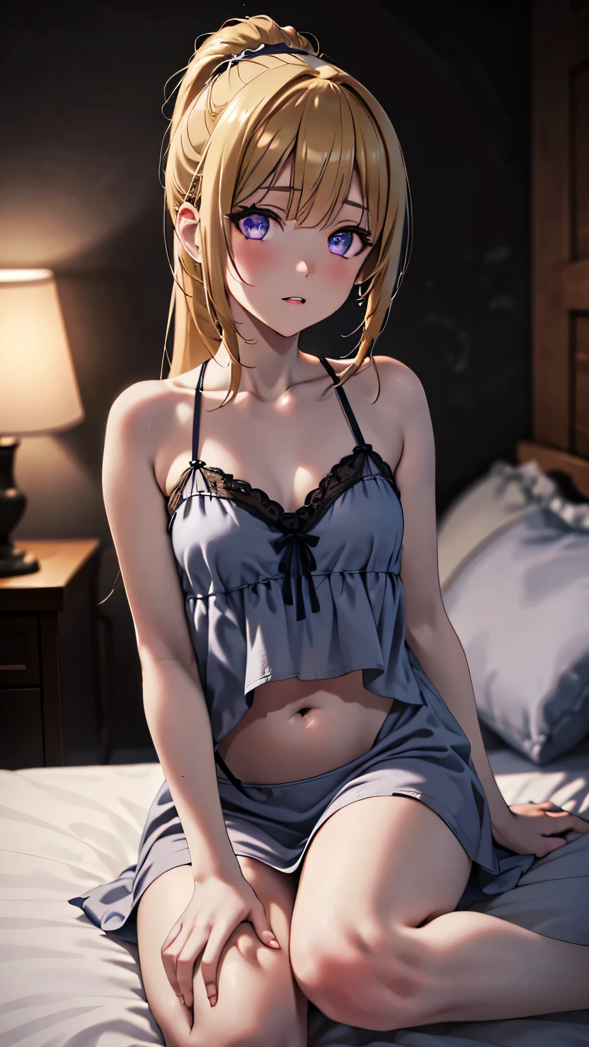 (masterpiece, best quality, absurdres), high quality, highres, ultra detailed, intricate, cinematic lighting, wallpaper, soft lighting, night, night light, close-up, looking at viewer, beautiful woman, 1girl, parted lips, kei Karuizawa, small breasts, blonde hair, bangs, ponytail , detailed violet eyes, ((Super Realistic Detailed Eyes, glowing eyes)),  in bedroom, sitting on the bed, wearing a black nightgown, nightgown, navel hole