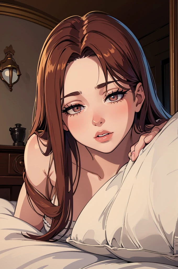 A sleeping girl on a bed, looking at a boy, 1 girl, 1 boy, in a luxury bedroom, full view of the bedroom, extremely detailed face and eyes, long eyelashes, beautiful detailed lips, photo-realistic, cinematic lighting, warm color tones, high quality, intricate details, realistic bedroom setting, soft bedding, lush decor