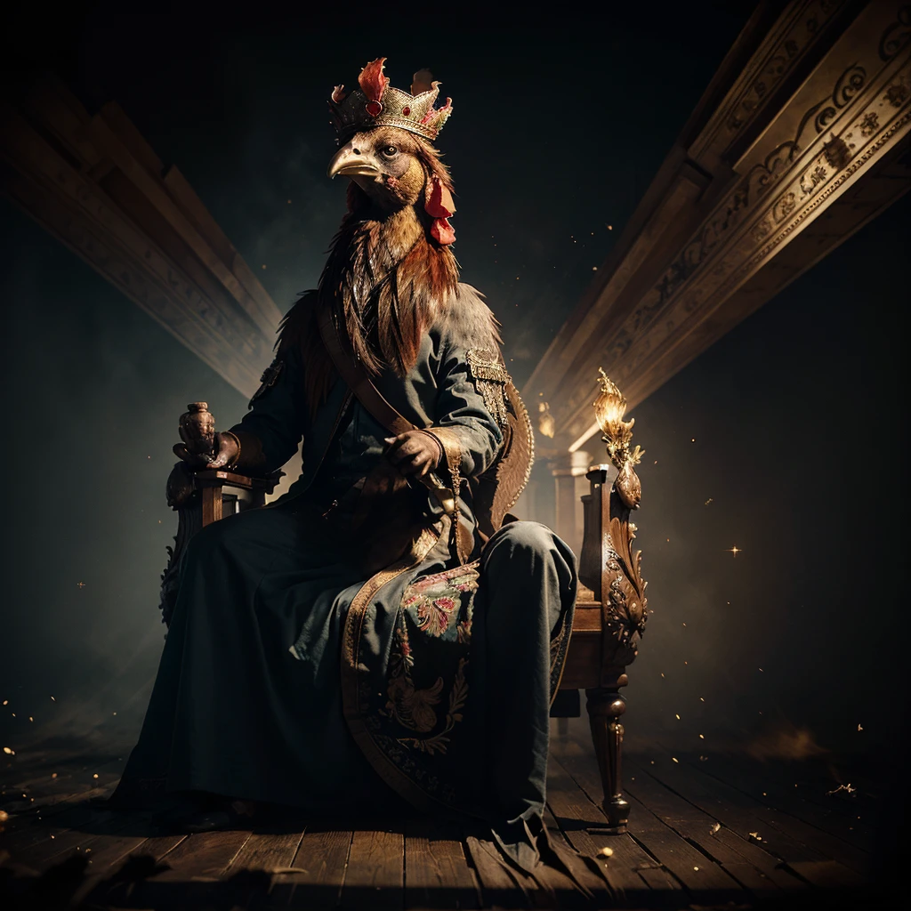 (Best quality, Masterpiece), 1 rooster, particle, Simple background, greatness , throne, the crown, Excellency, 