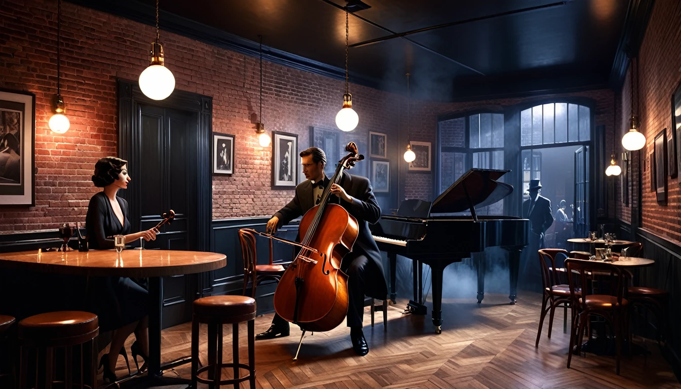 Interior of a very smoky vintage Parisian jazz club at night, The soft light of the pendant light、A man playing the cello and a seductive woman playing the piano。, Brick wall decorated with rhythmic shadow playing, A tranquil and enchanting atmosphere, 3D Rendering, To create a realistic yet fantastical scene、Diner scene with detailed textures and lighting, film noir jazz bar, drawn in a neo - noir style, neo - noir style, Neo-Noir Setting, neo noir style, inspired by f.. scott hess, Thomas Dalziel, film noir realistic, inspired by f. scott hess CFGスケール