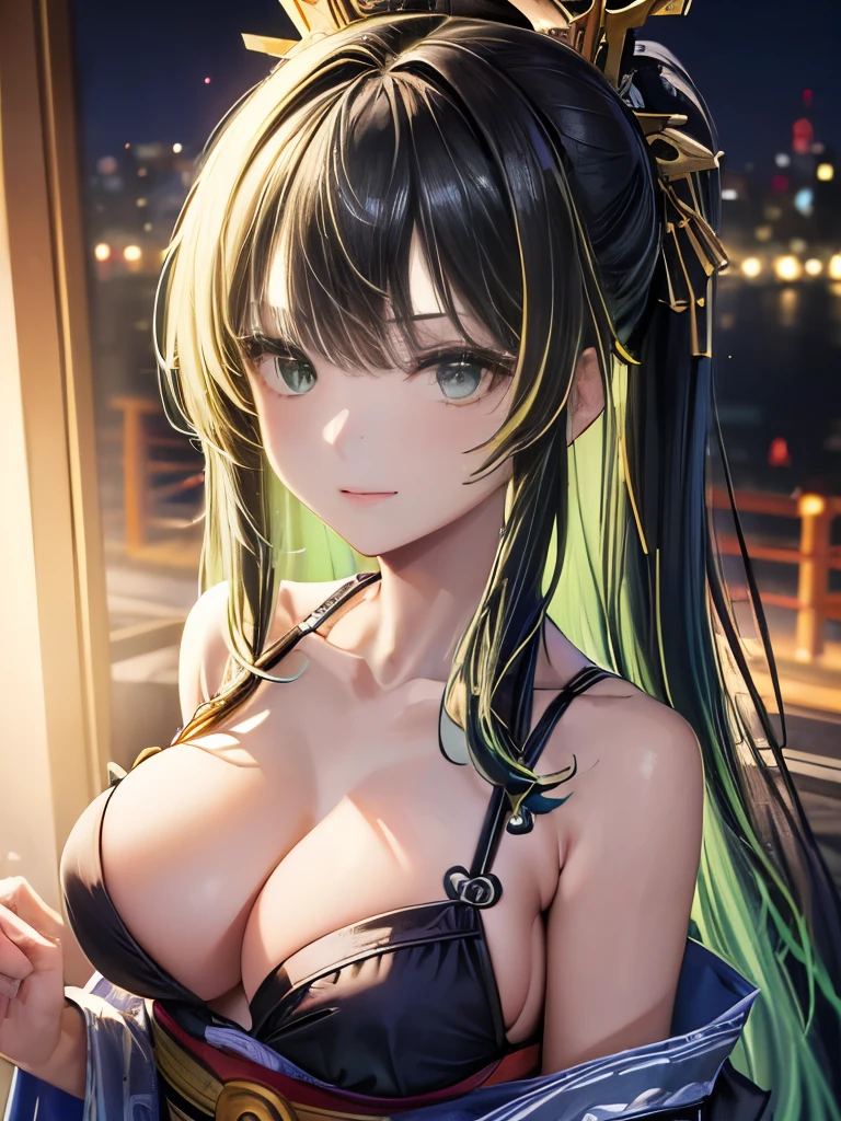 (masterpiece, Highest quality, High definition, High resolution:1.4), 8k wallpaper, whole body, One girl, Long Hair, (Blue Hair:1.0), (Black Hair:1.0), Green Eyes, Multicolored Hair, Gradient Hair, Beautiful breasts, Turn to the side, yukata,yukata, Summer festival, night, Hair Clip, bangs,