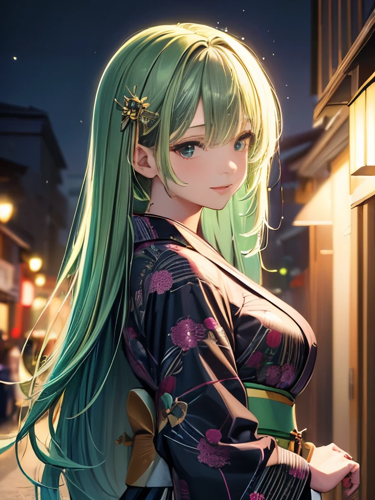 (masterpiece, Highest quality, High definition, High resolution:1.4), 8k wallpaper, whole body, One girl, Long Hair, (Blue Hair:1.0), (Black Hair:1.0), Green Eyes, Multicolored Hair, Gradient Hair, Beautiful breasts, Turn to the side, yukata,yukata, Summer festival, night, Hair Clip, bangs,