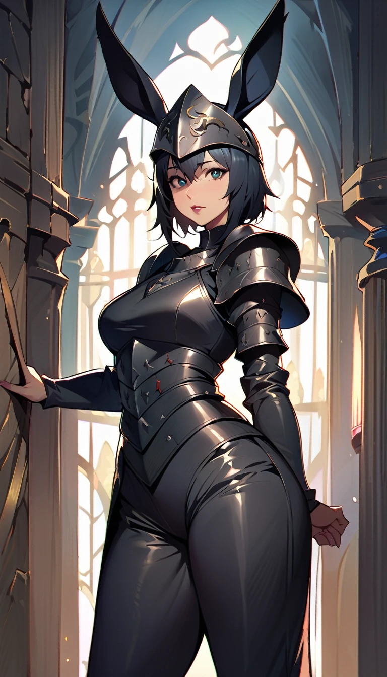 (high quality, 8k, 4K, high contrast, artwork:1.2, high quality, best aesthetics), (centered), ((1 woman)), erotic, sensual, mature body, sexy woman, super detailed, beautiful face detailed, beautiful eyes detailed, detailed beautiful mouth, (black medieval helmet closed with rabbit ears), (robust medieval armor), (black medieval armor pants), (standing), (looking at viewer), (black eyes), (front view), (medieval knight)