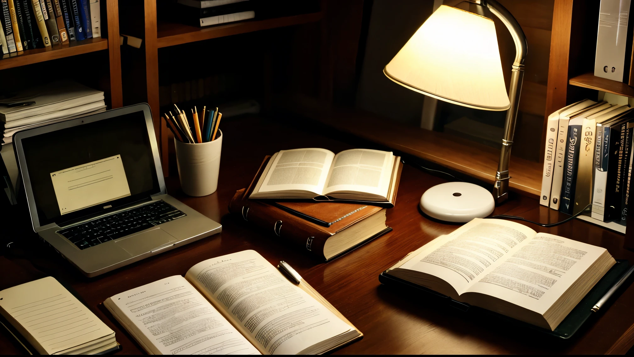 A study desk with a mid-2000s atmosphere. The desk is organized with books, a lit lamp, pens, and a computer. The lighting is soft, creating a cozy and productive study environment. The photo should have a pleasant color tone and a nostalgic vibe from around 2005, avoiding a modern appearance.