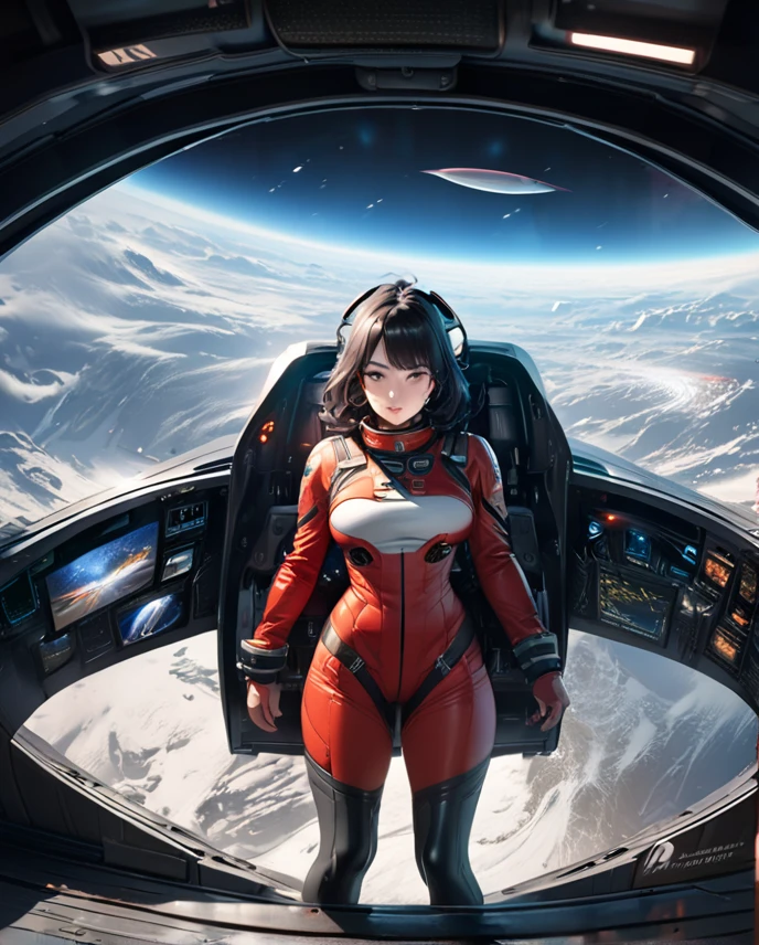 a girl with short black hair,space ship pilot,red spacesuit,sexy,large breasts,boob window,hot,space,cinematic lighting,hyper detailed,photorealistic,8k,artstation,concept art,matte painting,short suit,short pant 