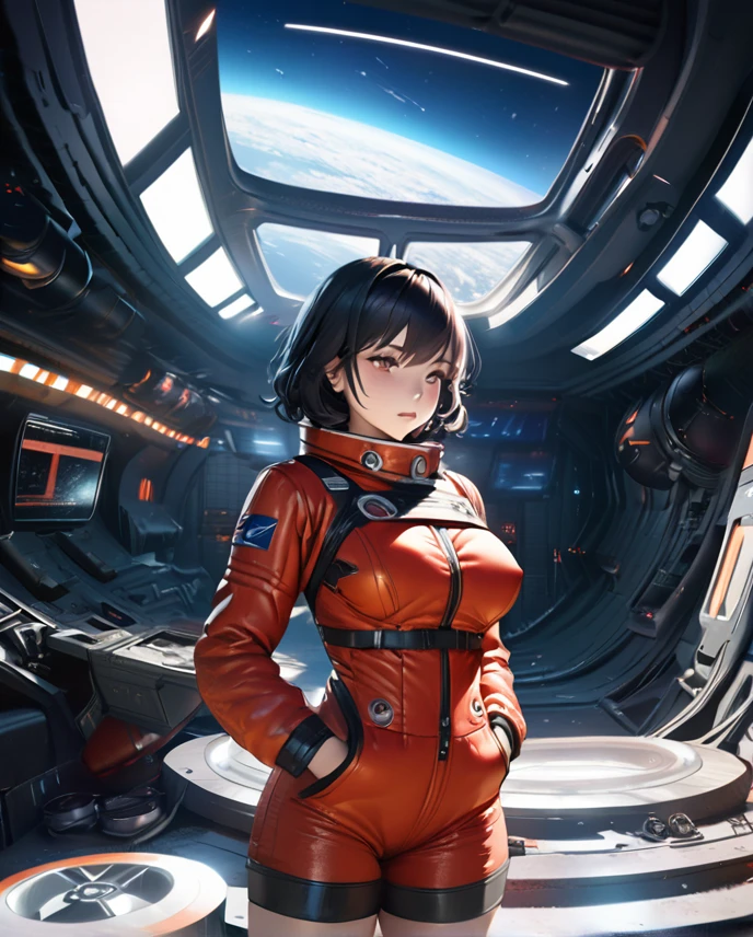 a girl with short black hair,space ship pilot,red spacesuit,sexy,large breasts,boob window,hot,space,cinematic lighting,hyper detailed,photorealistic,8k,artstation,concept art,matte painting,short suit,short pant