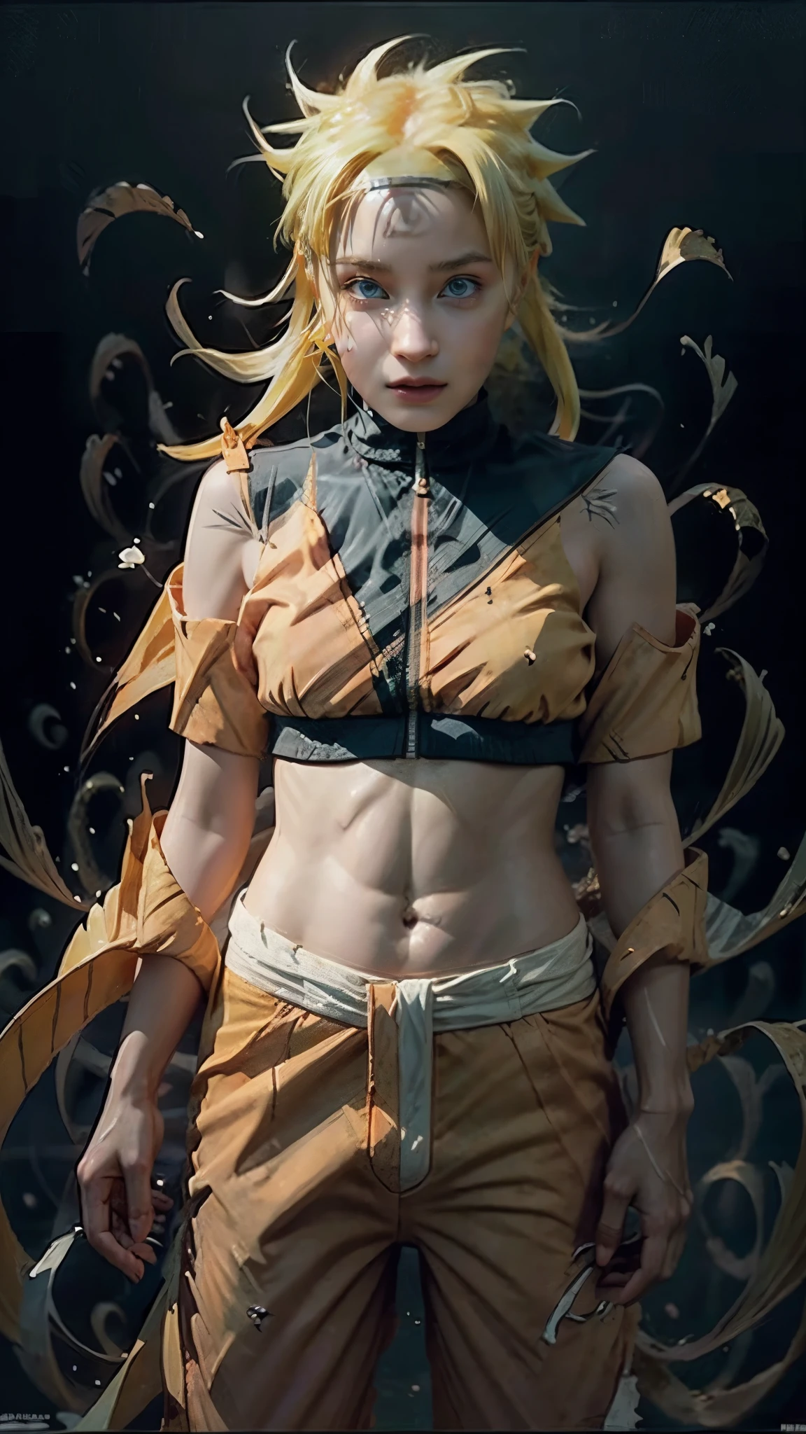 Moisturized skin, (red eyes), realistic body, (adult female body), energetic, (), (girl),
BREAK,
bright red lipstick, (beautiful navel), blonde hair, (detailed hair), (Naruto Uzumaki's clothes: 1.3),
BREAK,
((masterpiece + highest quality + high resolution + highly detailed)), (full body: 1.2), symmetrical, one shot,
BREAK,
(leaves fluttering), (wind blowing), (battle stance: 1.4),
BREAK,
(large Japanese sword), ninja clothes, inside a mansion, assassination, cuts, kunai, fantastical, dynamic,