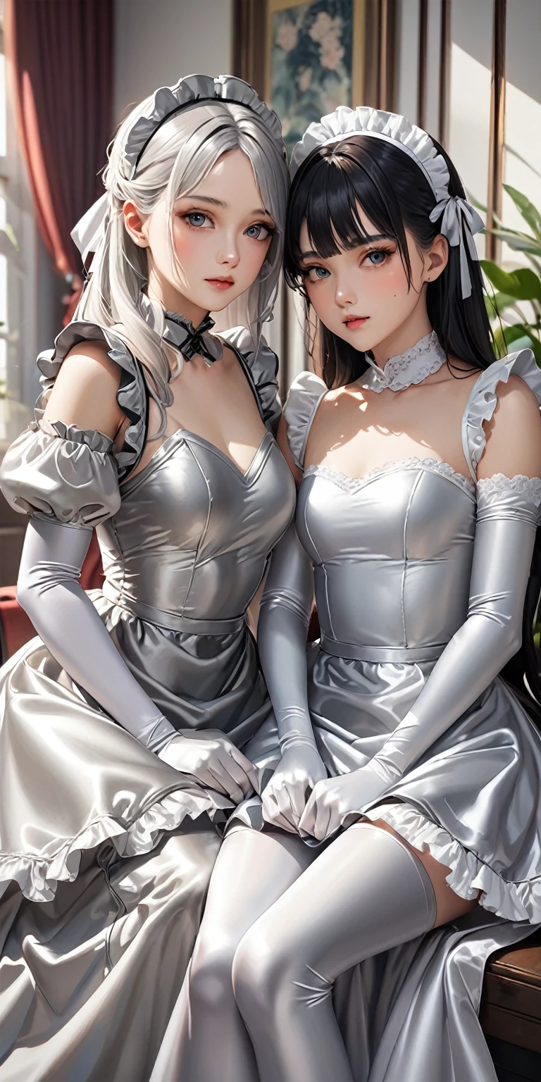 Portraiture、(masterpiece,Highest quality,Ultra-high resolution),Japanese women, (((Very beautiful 25 year old girl)))、She is wearing a shiny pale silver satin long sleeve maid dress.、The dress has a simple design without any patterns..、The skirt is a long skirt with frills、Satin Gloves、((Satin bodysuit))、Bright room、Two women wearing the same maid dresses are sitting close together