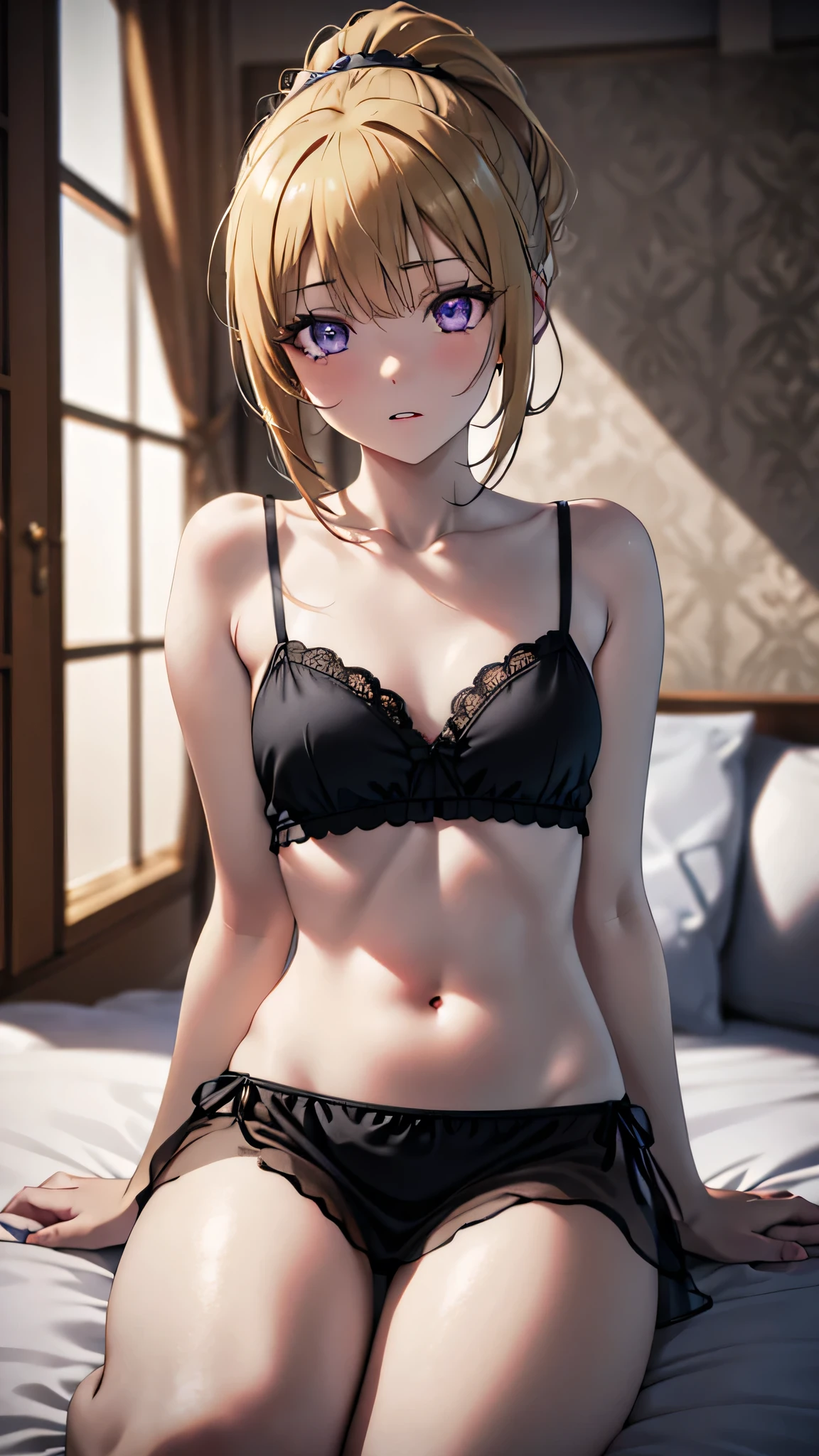 (masterpiece, best quality, absurdres), high quality, highres, ultra detailed, intricate, cinematic lighting, wallpaper, soft lighting, night, night light, close-up, looking at viewer, beautiful woman, 1girl, parted lips, kei Karuizawa, small breasts, blonde hair, bangs, ponytail , detailed violet eyes, ((Super Realistic Detailed Eyes, glowing eyes)),  in bedroom, sitting on the bed, wearing a black nightgown, black nightgown, nightgown, navel hole