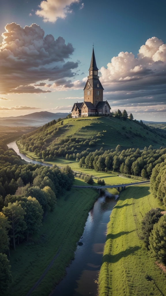 a detailed and highly realistic landscape of a rural american countryside, a idyllic small town with wooden houses, a large church steeple, rolling hills, lush green meadows, a winding river, mature oak and pine trees, dramatic cloudy sky, warm golden afternoon lighting, photorealistic, 8k, ultra-detailed, (best quality,4k,8k,highres,masterpiece:1.2),ultra-detailed,(realistic,photorealistic,photo-realistic:1.37),HDR,studio lighting,extreme detail description,vivid colors,dramatic lighting