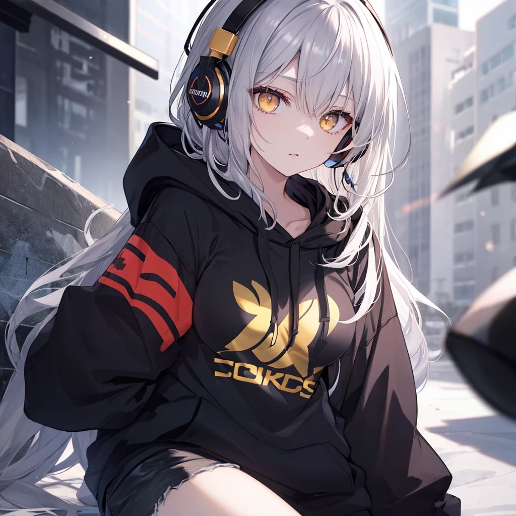 Golden Eyes、woman、Breasts、Silver Hair、Semi-long hair、Put on some cool headphones,
Black hoodie oversized，
MytH, beautiful and delicate
Golden Eyes、Black clothes，Solo，
Near future
